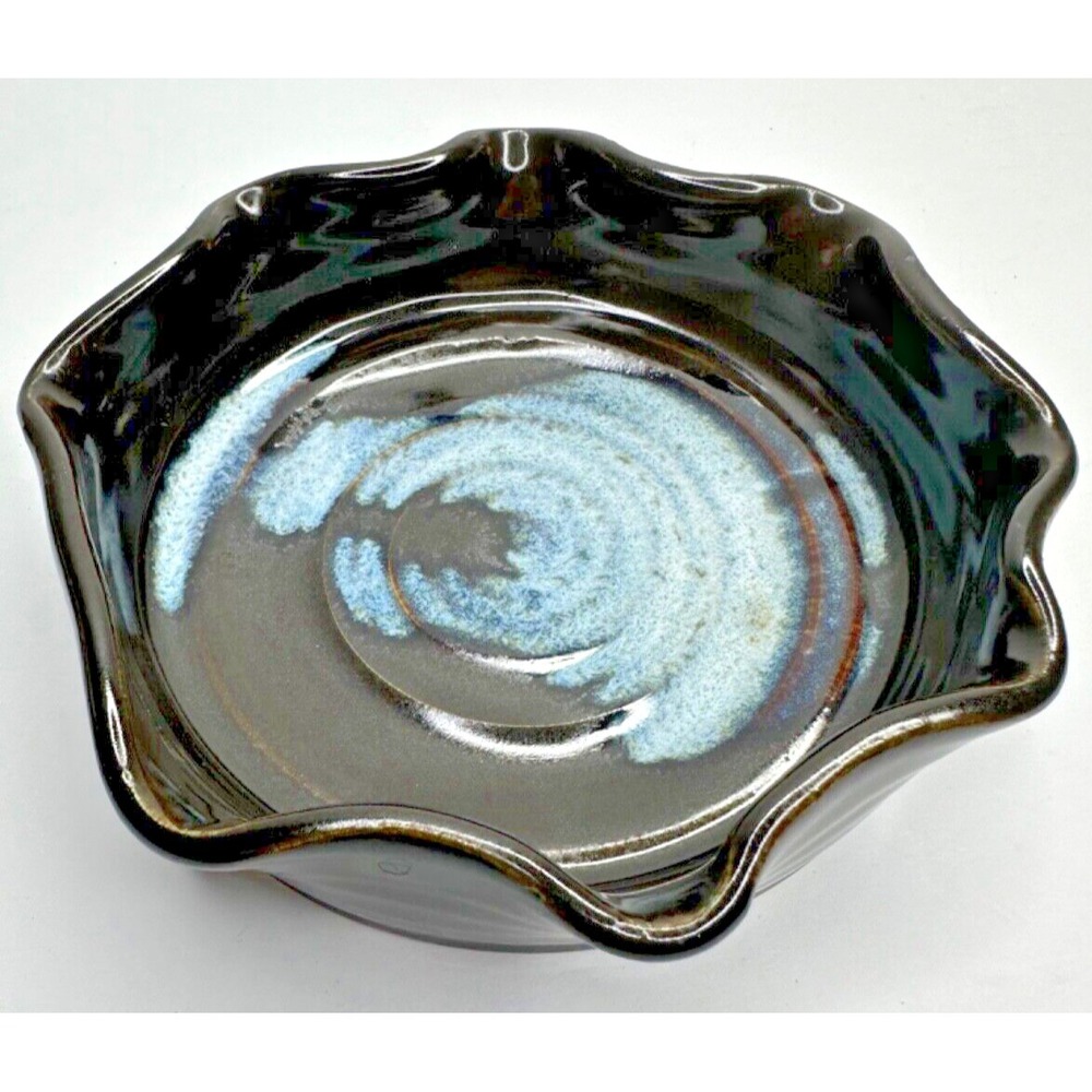 Village Pottery Wave Ruffle Edge Dish Tray Round Blue Brown